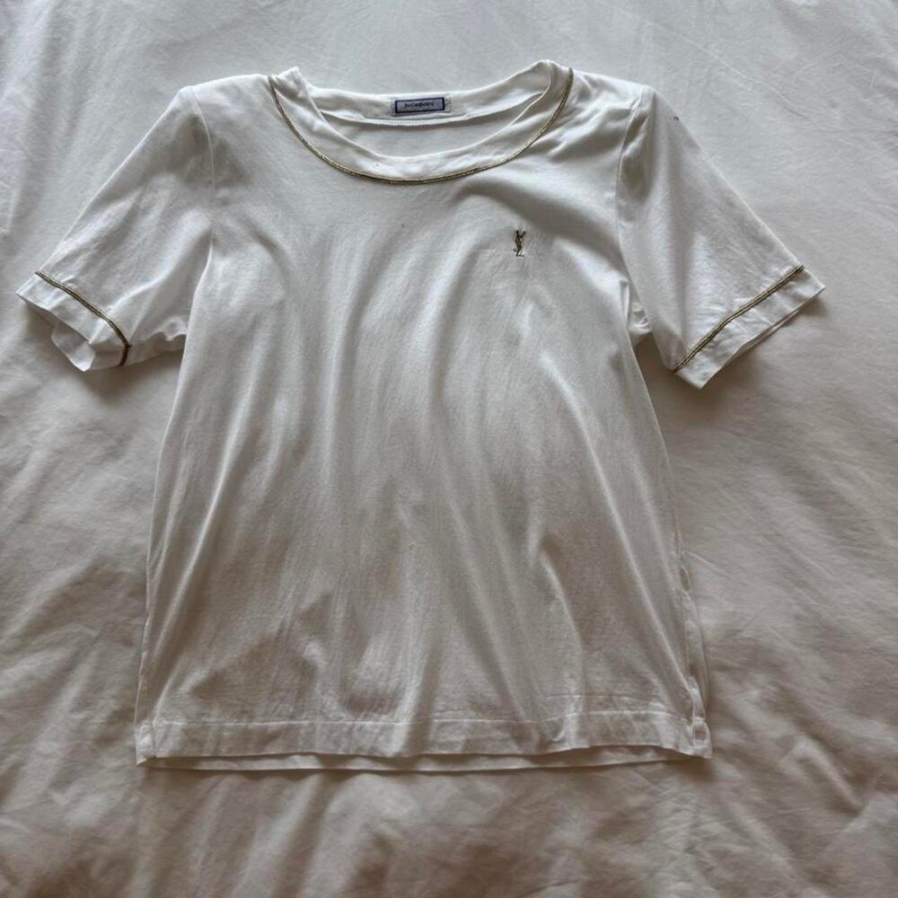 Yves saint laurent white 80s t-shirt with gold trim and shoulder pads,